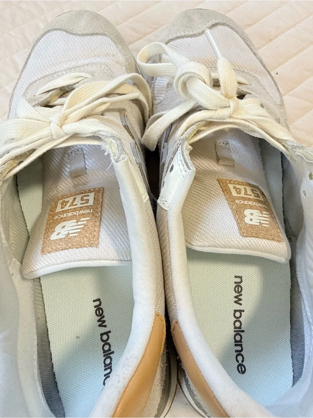 New Balance 574 Sneakers in White and Tan Accents